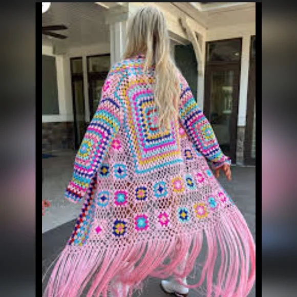 Pink lily pink colorful crochet long sleeve Cardigan - Picture 2 of 6